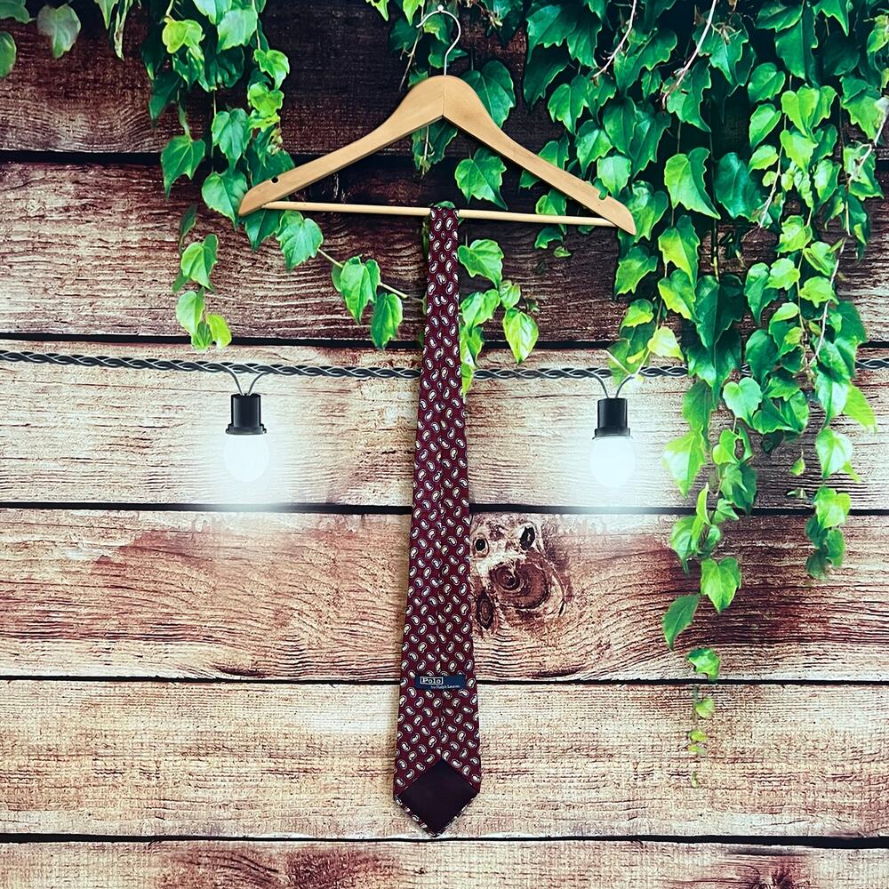 Polo Ralph Lauren 100% Silk Neck Tie Handmade Paisley Made in USA Burgundy Red - Picture 4 of 4